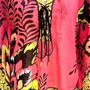 Rare! Hale Bob boho silk feather print lace up top